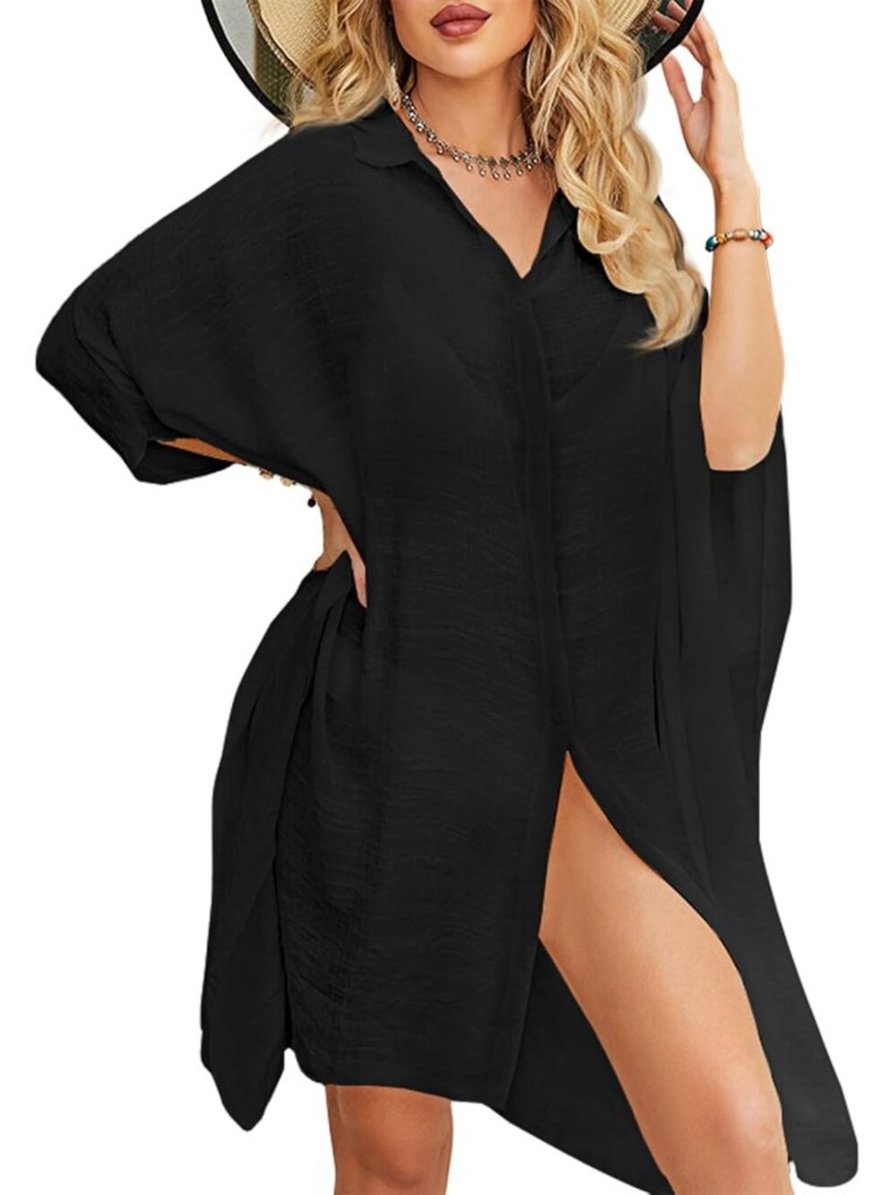 〽️Women's Swimsuit Coverups Black​ Casual Beach Swimwear Button Down Shirt Dress